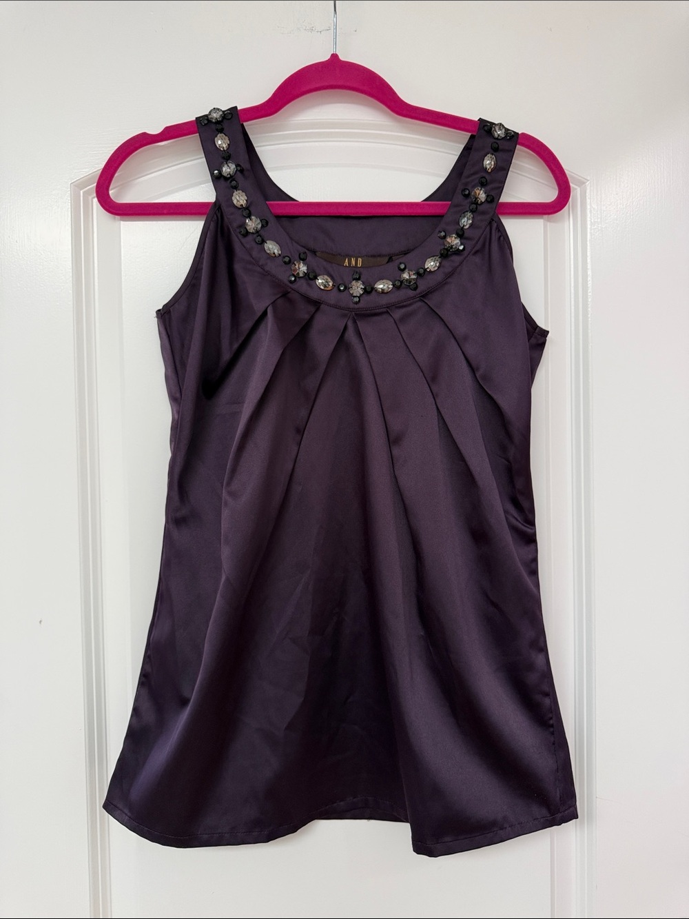 Embellished Satin Tank Top in Deep Plum